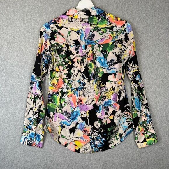 Express Portofino Womens XXS Button Front Shirt Black Multicolor Floral Outlined - Picture 6 of 6